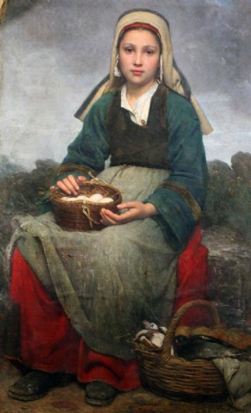 portrait-of-a-seated-girl-holding-a-basket-of-eggs