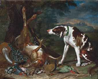 a-pointer-with-a-hare-a-musket-a-hunting-horn-finches-and-other-birds-in-a-landscape