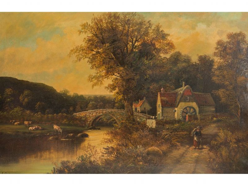 figures-walking-beside-a-river-with-mill-and-bridge-beyond