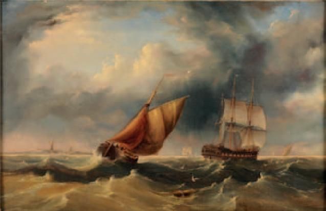 an-east-indiaman-and-other-shipping-in-choppy-seas-off-a-foreland-with-prominent-lighthouse