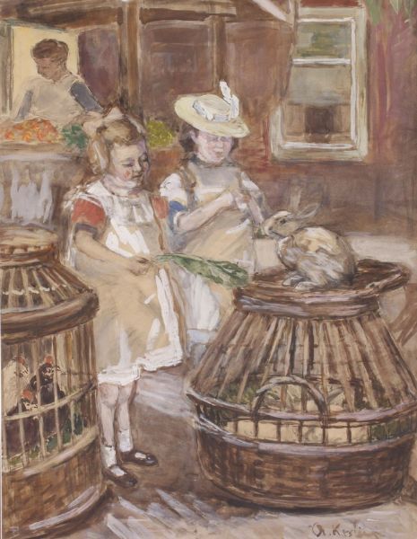 twee-meisjes-op-de-markt-bij-een-dierenverkoper