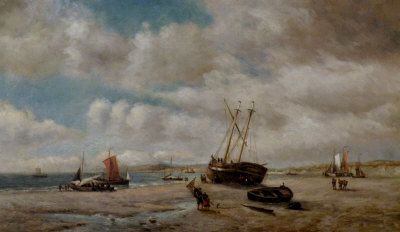 beached-fishing-boats-and-fisherfolk-in-a-coastal-landscape