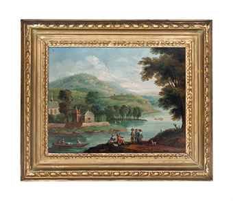 the-ferryboat-and-travellers-on-a-country-road-by-a-bridge