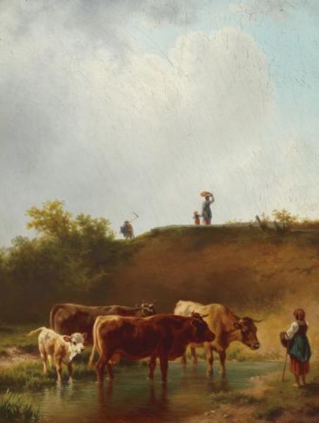 cows-with-a-herdswoman-beside-a-pond