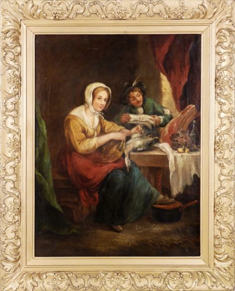 a-woman-preparing-a-duck-at-a-table-a-boy-reading-a-newspaper