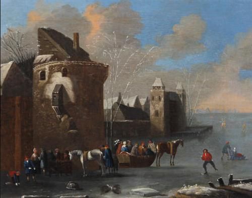 a-dutch-winter-scene-with-skaters-figures-and-horse-drawn-sleighs-on-the-ice-by-town-walls
