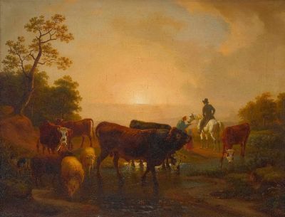bauer-mit-kind-und-ein-vornehmer-reiter-und-vieh-im-abendlicht