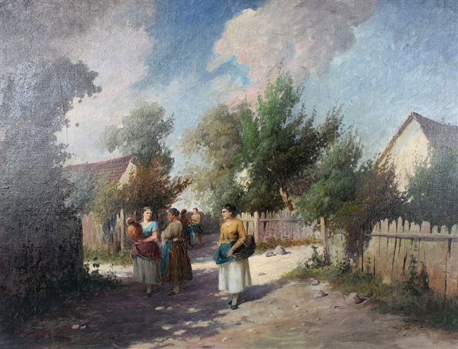 a-village-street-scene-with-a-group-of-local-village-women