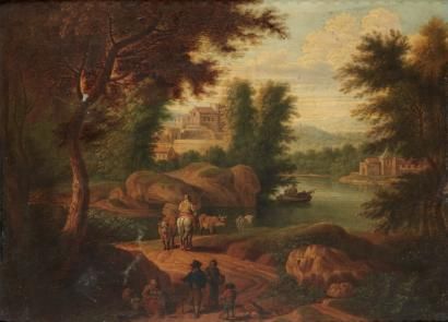 promeneurs-et-paysans-sur-un-chemin-le-long-d-une-riviere