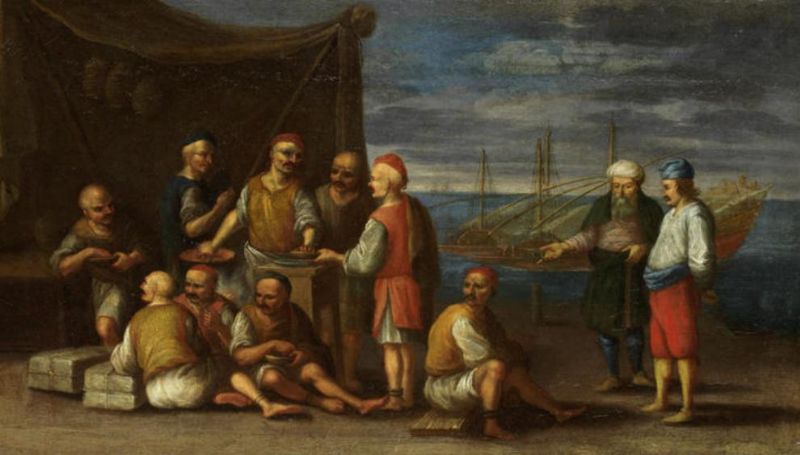 galley-slaves-taking-water-at-a-fountain-and-merchants-on-a-quay-with-galley-slaves-nearby