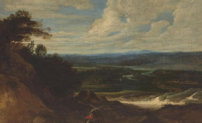 a-landscape-with-figures-and-a-wagon-on-a-track-in-the-foreground