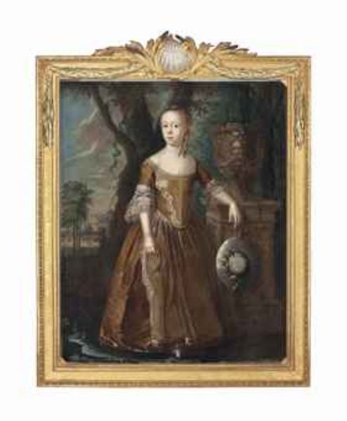portrait-of-a-girl-full-length-in-a-gold-dress-with-lace-trim-her-left-arm-resting-on-a-plinth-in-a-landscape