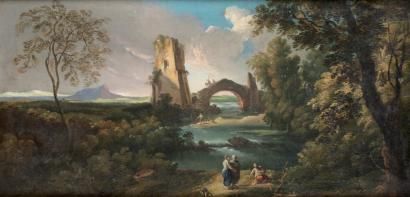 paysage-au-pont-et-a-la-tour-avec-des-villageoises-pres-d-une-riviere