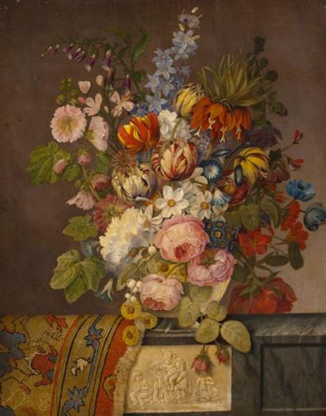 bouquet-de-fleurs-sur-un-entablement-sculpte-avec-un-tapis