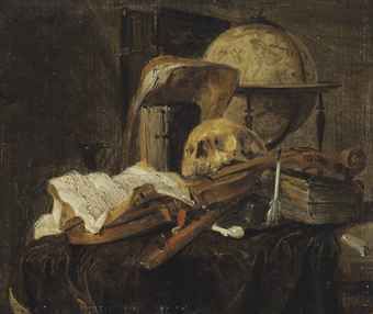 a-skull-globe-pipe-quill-pen-books-and-papers-on-a-draped-table