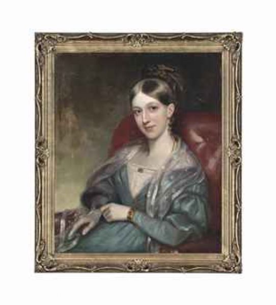 portrait-of-a-lady-seated-half-length-in-a-turquoise-dress-and-grey-wrap