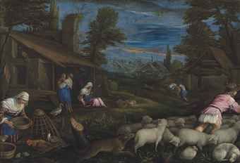 a-shepherd-with-his-flock-and-a-woman-feeding-poultry-in-a-village-with-other-figures-resting-by-a-cottage