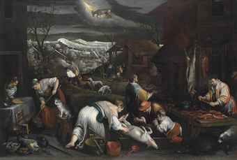 december-a-village-in-winter-with-figures-slaughtering-a-pig-other-figures-by-cottages-gathering-faggots-snow-covered-mountai