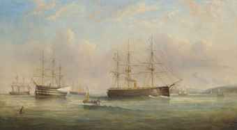 royal-navy-ships-of-the-duke-of-wellington-class-lying-at-anchor-at-spithead-with-one-firing-a-salute-to-acknowledge-the-depart