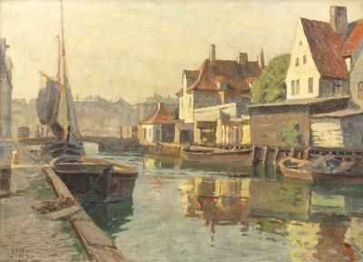 town-harbour-scene-with-barges-moored-at-a-jetty
