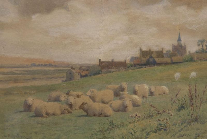 sheep-in-a-landscape-with-village-beyond