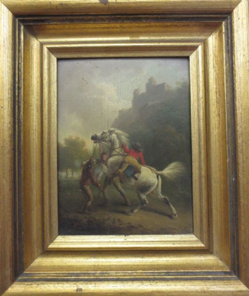a-figure-in-a-red-coat-mounting-a-spirited-horse