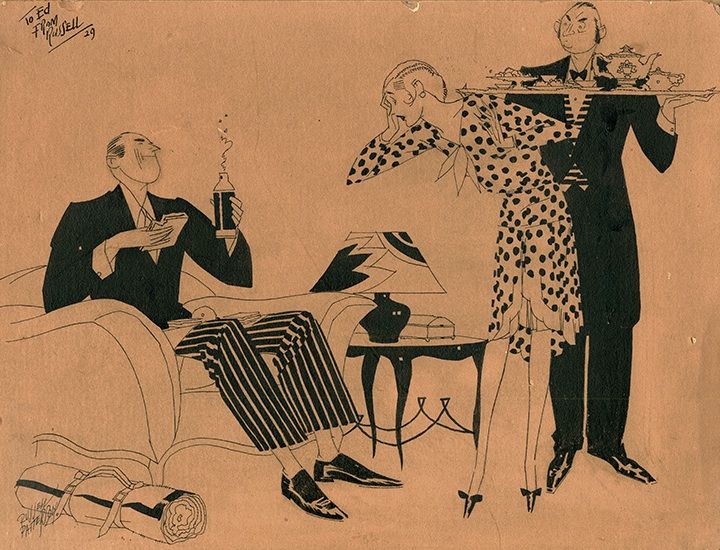 butler-holding-teatray-woman-surprised-at-man-with-thermos