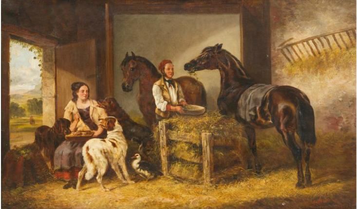stable-scene-with-man-and-lady-horses-and-dogs