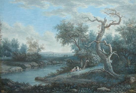 picnickers-by-a-river-and-a-walker-on-the-way-to-a-village