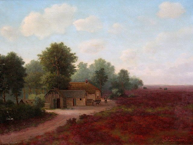 a-farm-on-a-heather-covered-moor-with-figure-and-dog-outside