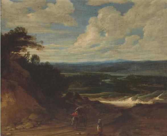a-landscape-with-figures-and-a-wagon-on-a-track-in-the-foreground