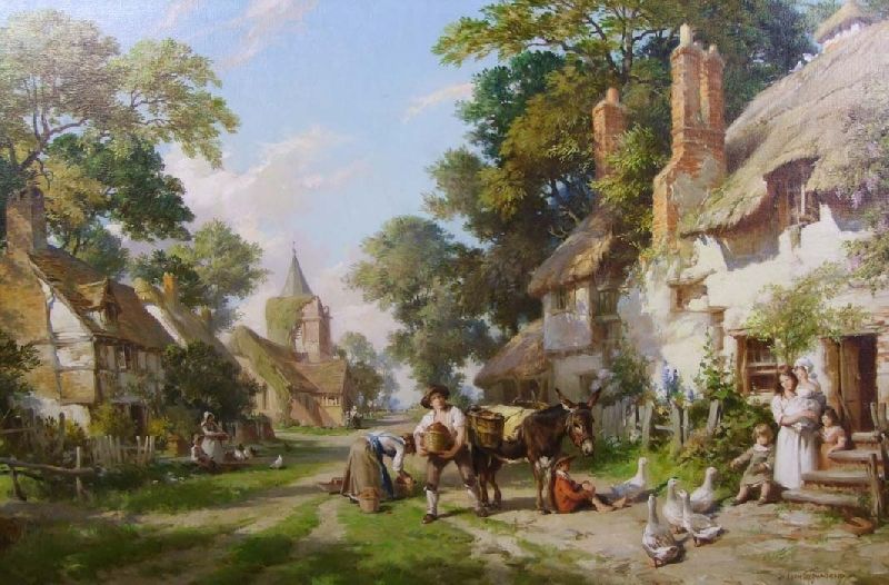 village-scene-in-summer-with-figures-a-donkey-and-geese