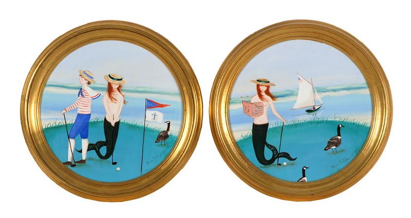pair-of-paintings-mermaids-golfing-at-the-wianno-club-osterville