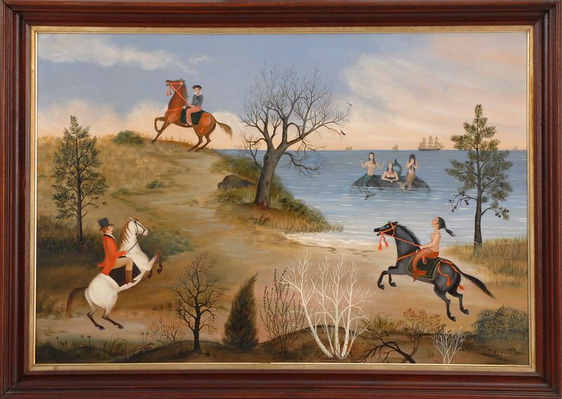 a-mermaid-and-two-gentlemen-on-horseback-with-three-mermaids-on-an-ocean-rock-overlooking-the-scene