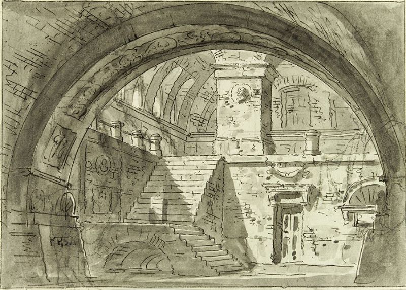 scenografia-architettonica-con-volta-a-botte-recto-studi-di-tre-figure-con-copricapo-piumato-intorno