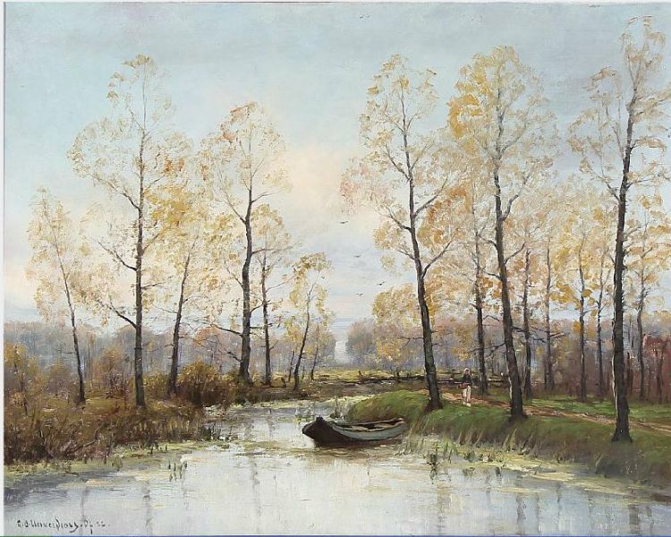 river-scene-with-a-rowing-boat-and-a-walking-woman
