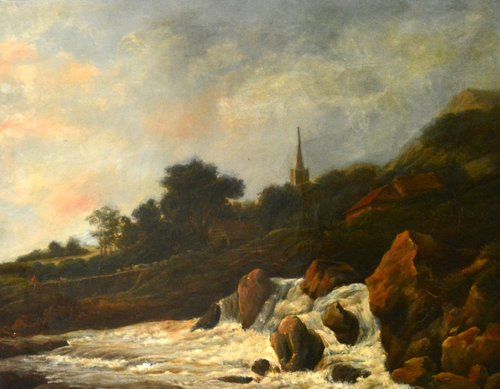 waterfall-with-figures-sheep-and-a-church-beyond