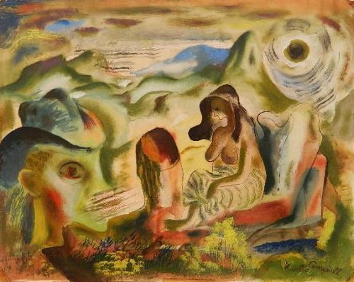 seated-bare-breasted-figure-and-large-head-with-hat-in-abstract-landscape