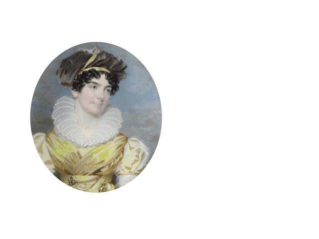elizabeth-evans-1786-1880-wearing-gold-dress-with-sheer-sleeves-her-pocket-watch-tucked-into-her-waistband-white-lace-stand