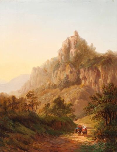 travellers-in-a-mountain-landscape-at-dusk