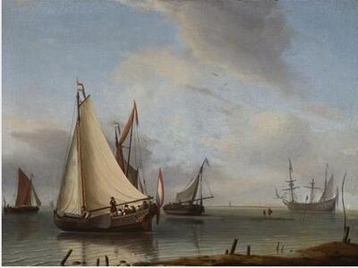 a-royal-yacht-barges-and-a-warship-in-a-calm