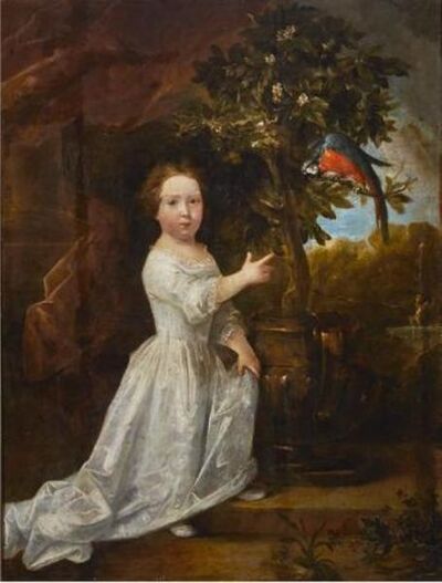young-girl-in-a-garden-pointing-to-a-parrot