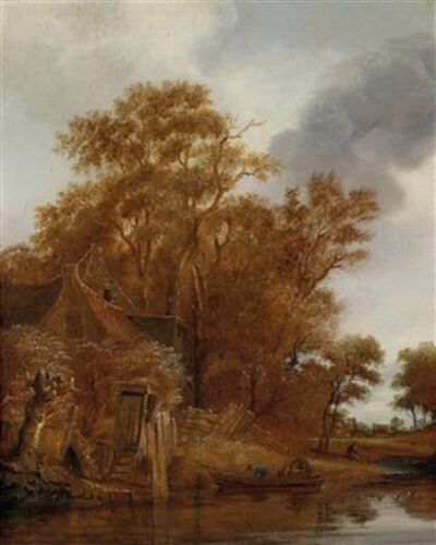 a-landscape-with-a-peasant-cottage-near-a-river-and-a-ferryboat