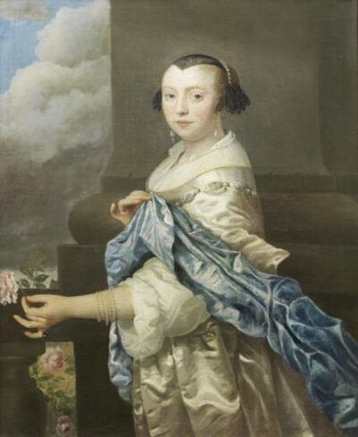 portrait-of-a-lady-three-quarter-length-in-a-white-dress-and-blue-shawl-with-a-pearl-necklace-holding-a-rose
