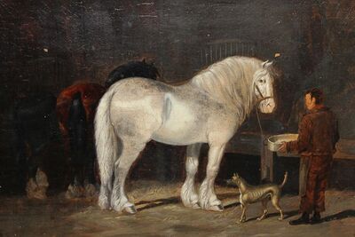 shire-horses-dog-and-groom-in-a-stable