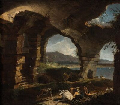 un-pastore-ed-armenti-presso-le-rovine-di-un-antico-edificio-romano-con-un-paesaggio-costiero-mediterraneo
