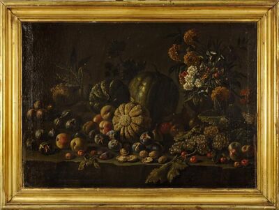nature-morte-au-melon-figue-peches-bouquet-de-fleurs-sur-un-entablement-de-pierre