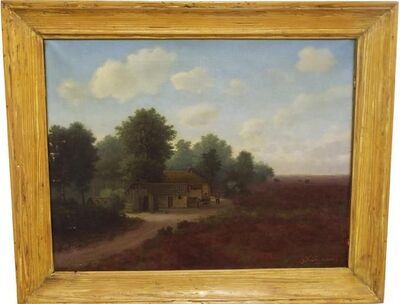 primitive-rural-study-of-a-man-and-dog-beside-a-farmhouse-type-building