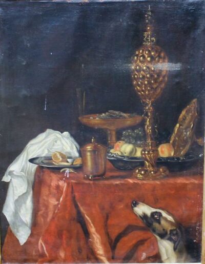 dining-table-with-fruit-and-bowls-plates-goblet-etc-a-greyhound-looking-on