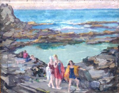 rocky-beach-scene-with-three-figures-walking-in-foreground-two-further-figures-seated-and-lying-upon-rocks